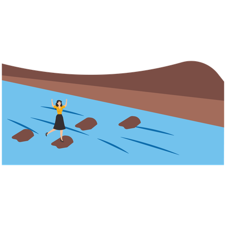 Businesswoman passing stones in ocean to get through it to success  Illustration