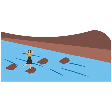 Businesswoman passing stones in ocean to get through it to success  Illustration