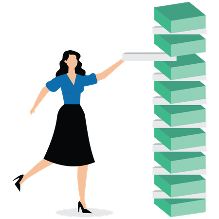 Businesswoman placing wooden block in tower trying to be careful with all tasks and achieve targets in business  Illustration