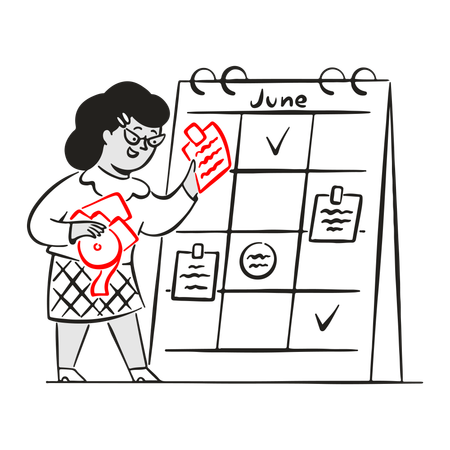 Businesswoman planning monthly work on calendar  Illustration