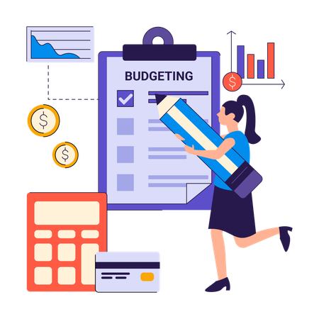 Businesswoman plans company budget  Illustration