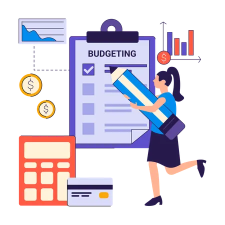 Businesswoman plans company budget  Illustration