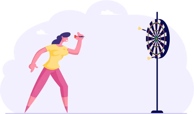 Businesswoman Aiming Darts To Target Trying To Get In Center Business Goals Achievement Persistence Aim Mission Challenge Task Solution Business Strategy Concept Cartoon Flat Vector Illustration Illustration