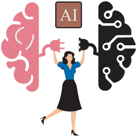 Businesswoman plugs AI brain with technology  Illustration