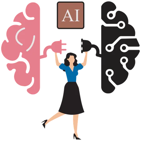 Businesswoman plugs AI brain with technology  Illustration