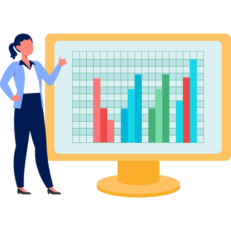 Businesswoman pointing at bar graph on monitor  Illustration