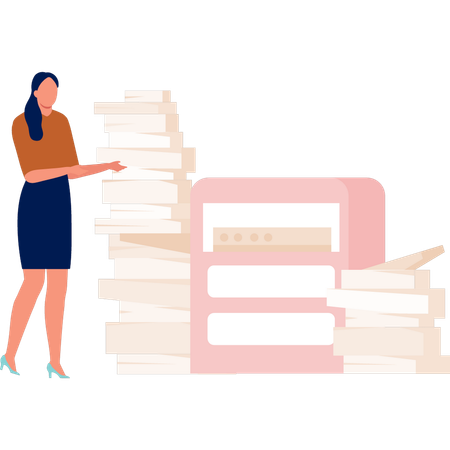 Businesswoman pointing at business books  Illustration