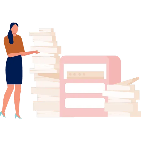 Businesswoman pointing at business books  Illustration