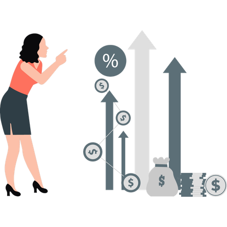 Businesswoman pointing at business growth arrows  Illustration