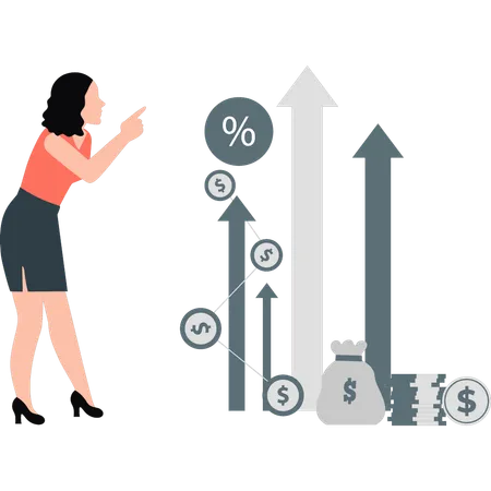 Businesswoman pointing at business growth arrows  Illustration