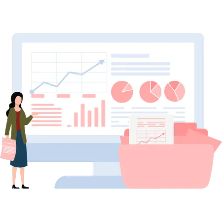 Girl Pointing To Data Graph On Monitor Illustration