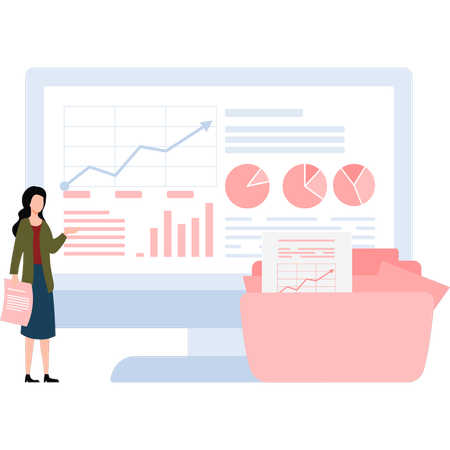 Businesswoman Pointing To Data Graph On Monitor  Illustration