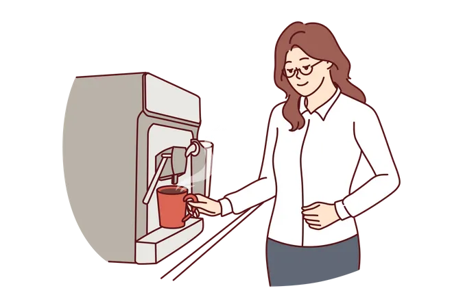Businesswoman pouring coffee into mug from espresso machine during lunch break in office  イラスト