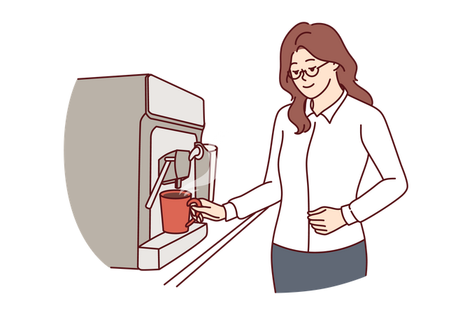 Businesswoman pouring coffee into mug from espresso machine during lunch break in office  Illustration