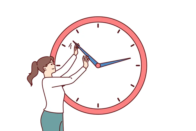Businesswoman Practices Time Management And Moves Hands Of Giant Clock To Become More Productive Time Management Technologies For Career Growth And Meeting Deadlines Set By Company Manager Illustration