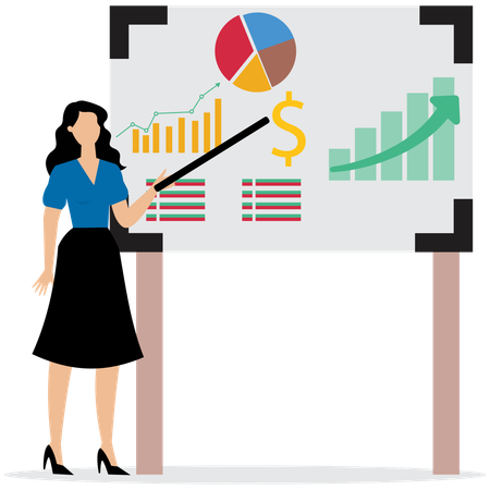 Businesswoman present financial data diagram with dollar sign  Illustration