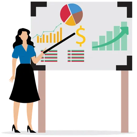 Businesswoman present financial data diagram with dollar sign  Illustration
