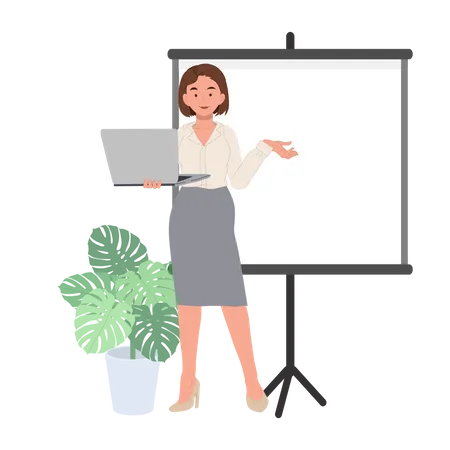 Businesswoman Standing And Holding Laptop To Present Business Presentation Vector Illustrations Illustration
