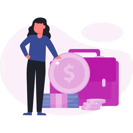 Businesswoman presenting briefcase of dollars  Illustration