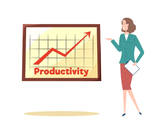 Strategy Of Businesswoman Vector Lady With Productivity Booster On Whiteboard Presentation Of Collected Data Research Results Presenter With Report Illustration