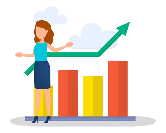 Woman Stand At The Growth Bar Chart Idea Of Achievement And Progress Moving Towards Success Financial Growth Isolated Vector Flat Illustration イラスト