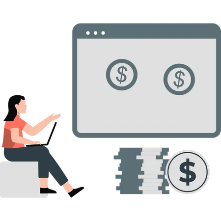 Businesswoman presenting webpage dollars  Illustration