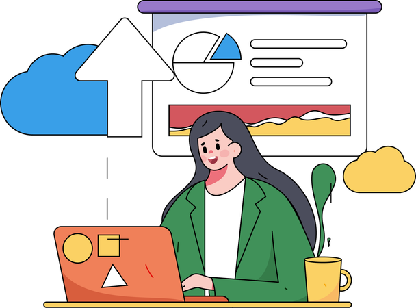 Businesswoman presents data on cloud technology  Illustration