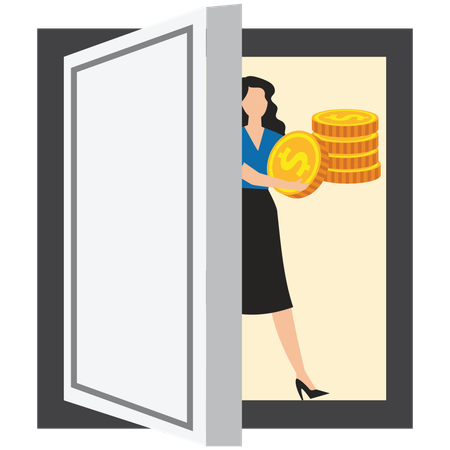 Businesswoman Pulls Huge Gold Coins Out of Dark Doors  Illustration