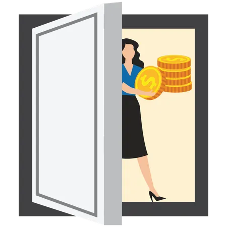 Businesswoman Pulls Huge Gold Coins Out of Dark Doors  Illustration