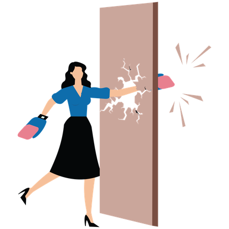 Businesswoman punches hole in wall  Illustration
