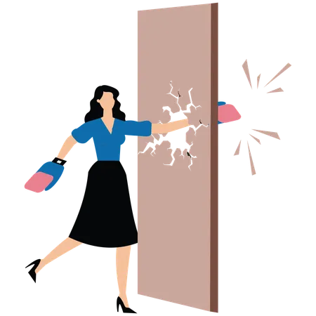 Businesswoman punches hole in wall  Illustration