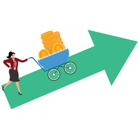 Businesswoman push cart full of gold coins  Illustration