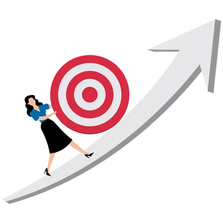 Businesswoman pushes target upward on arrow  Illustration