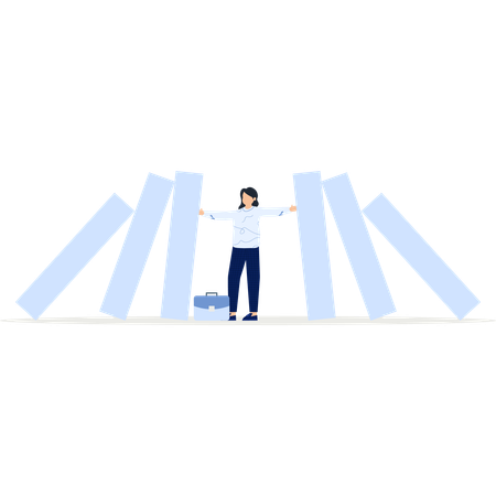 Businesswoman Pushing Against Falling Blocks  Illustration