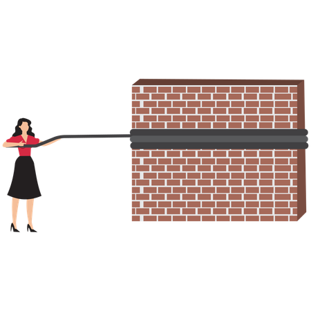 Businesswoman pushing big wall to reveal new business success  Illustration