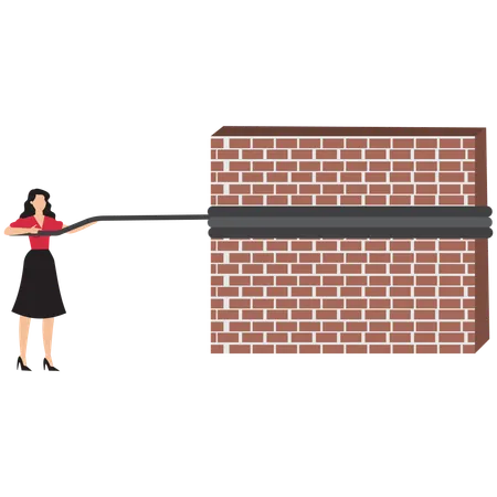 Businesswoman pushing big wall to reveal new business success  Illustration