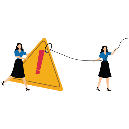 Businesswoman pushing exclamation triangle attention sign  Illustration