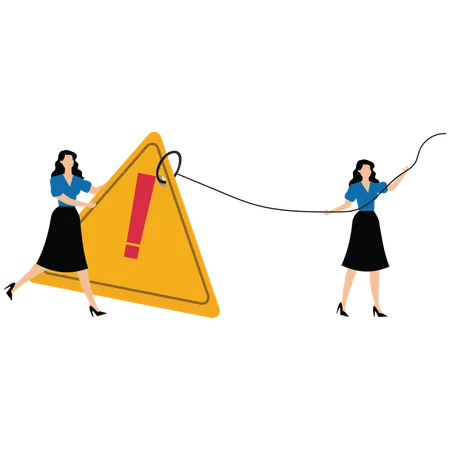 Businesswoman pushing exclamation triangle attention sign  Illustration