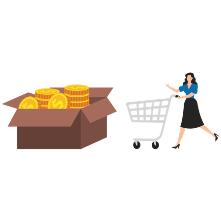 Businesswoman pushing shopping cart next to savings jar filled with gold coins in his stomach  Illustration