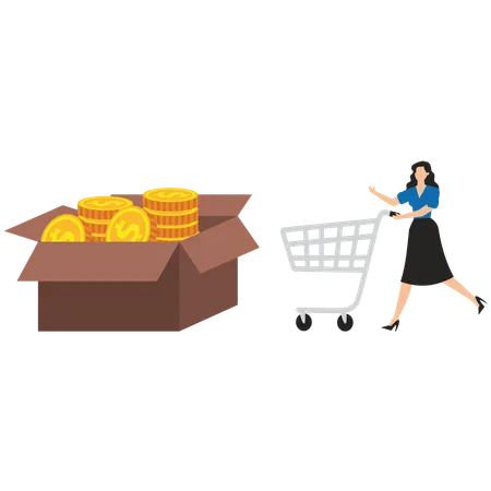 Businesswoman pushing shopping cart next to savings jar filled with gold coins in his stomach  Illustration