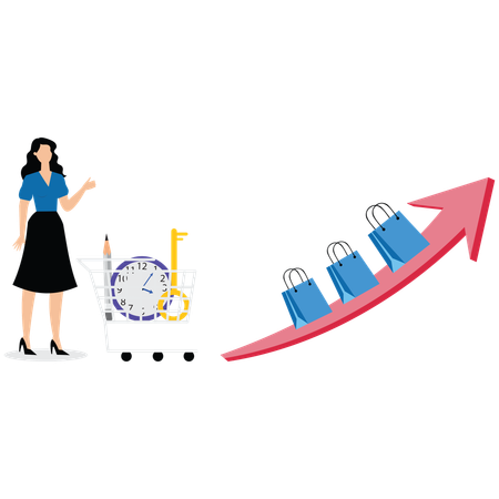 Businesswoman pushing shopping cart standing next to shopping bag on growth arrow  Illustration