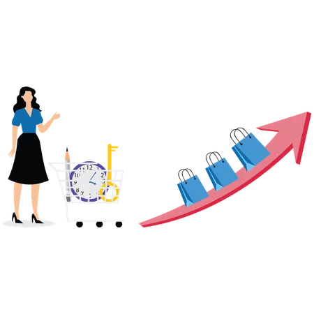 Businesswoman pushing shopping cart standing next to shopping bag on growth arrow  Illustration