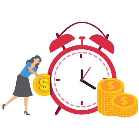 Businesswoman put coin into alarm clock symbolizing long term investment and saving growth  Illustration