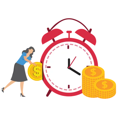 Businesswoman put coin into alarm clock symbolizing long term investment and saving growth  Illustration