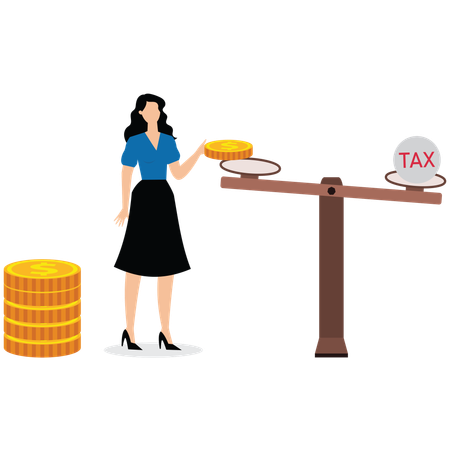 Businesswoman puts coins on scale that weighed down by tax papers  Illustration