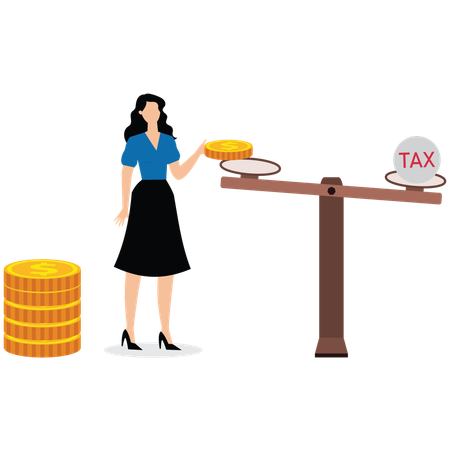 Businesswoman puts coins on scale that weighed down by tax papers  Illustration