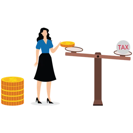 Businesswoman puts coins on scale that weighed down by tax papers  Illustration