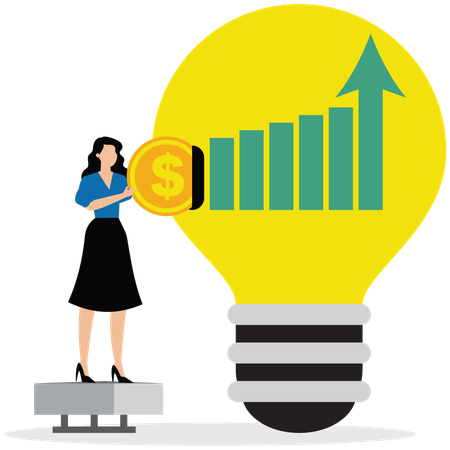 Businesswoman putting coin in light bulb while soaring graph out  Illustration