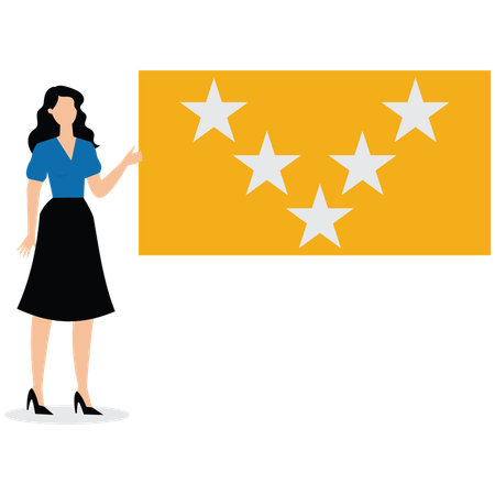 Businesswoman putting five stars as feedback  Illustration