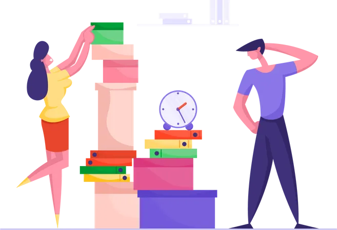Businesswoman Putting Paper Documents in Folders in Huge Heap for Overwork Office Employee Finish Work with Documentation. Deadline, Company Boss Hurry Worker with Job Cartoon Flat Vector Illustration  Illustration